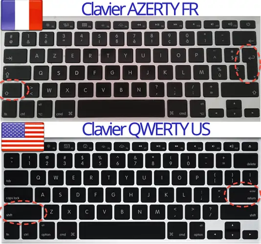 Voic en une image les deux différences majeures en un clavier AZERTY FR et un clavier QWERTY US / International pour un MacBook Pro ou MacBook Air.