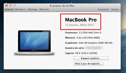 Fenêtre d'information sur le modèle de votre Mac